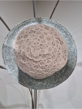 Galliano Sorbatti Italy Crochet & Paper Straw Bucket Sun Hat - Blue/Cream
